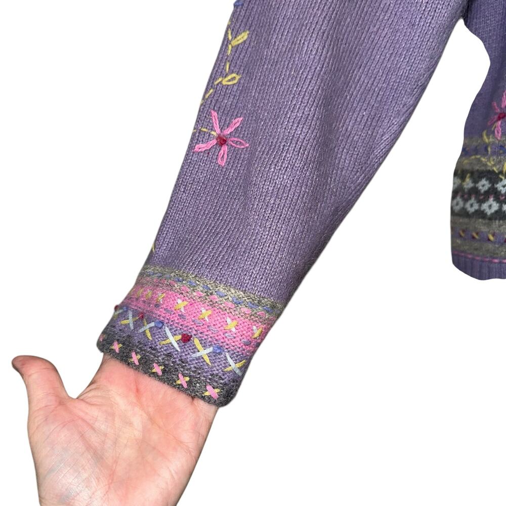 Embroidered Sweater Medium Purple Boho Cottagecore Zip Neck - Picture 2 of 5